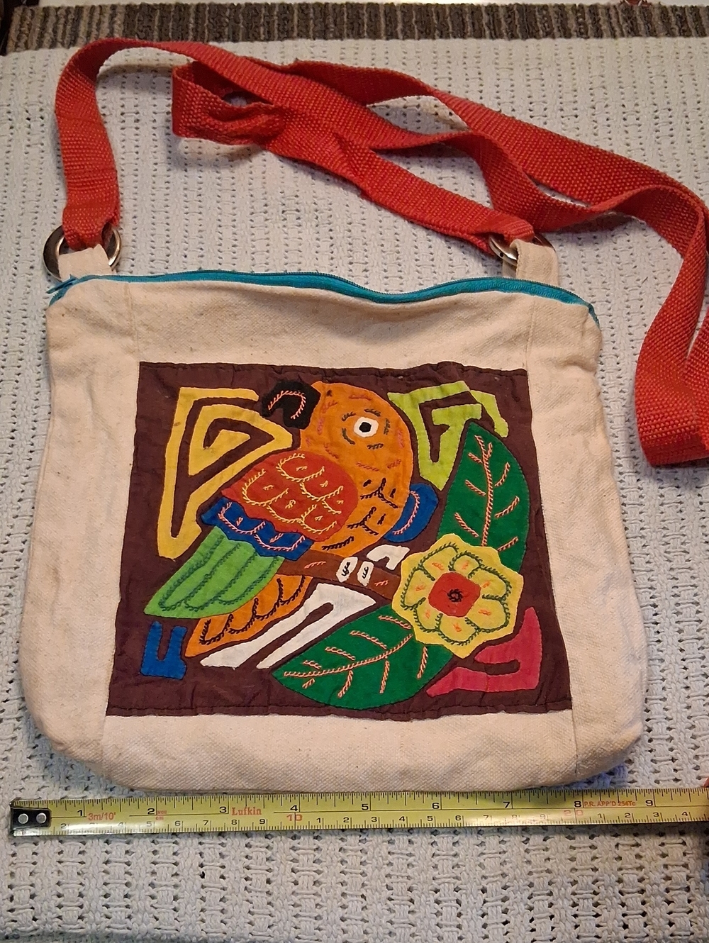 Cream Canvas Crossbody Bag with Colorful Parrot Appliqué